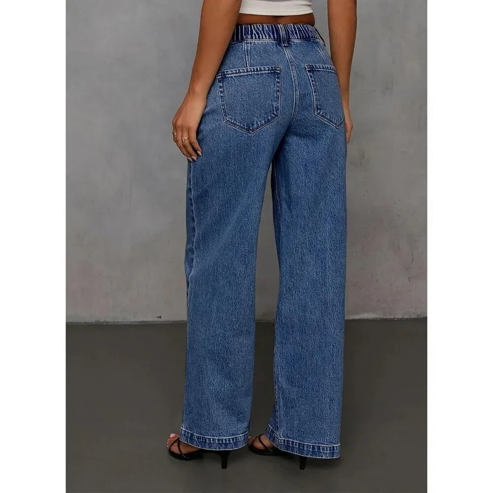 Women's Wide Leg High Waist Drawstring Jeans Stretchy Baggy Casual Pant